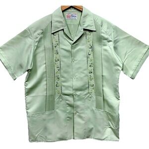 Vintage Manzur Guayabera Shirt Mens Size M 40 Green Pleated Wedding Button Up